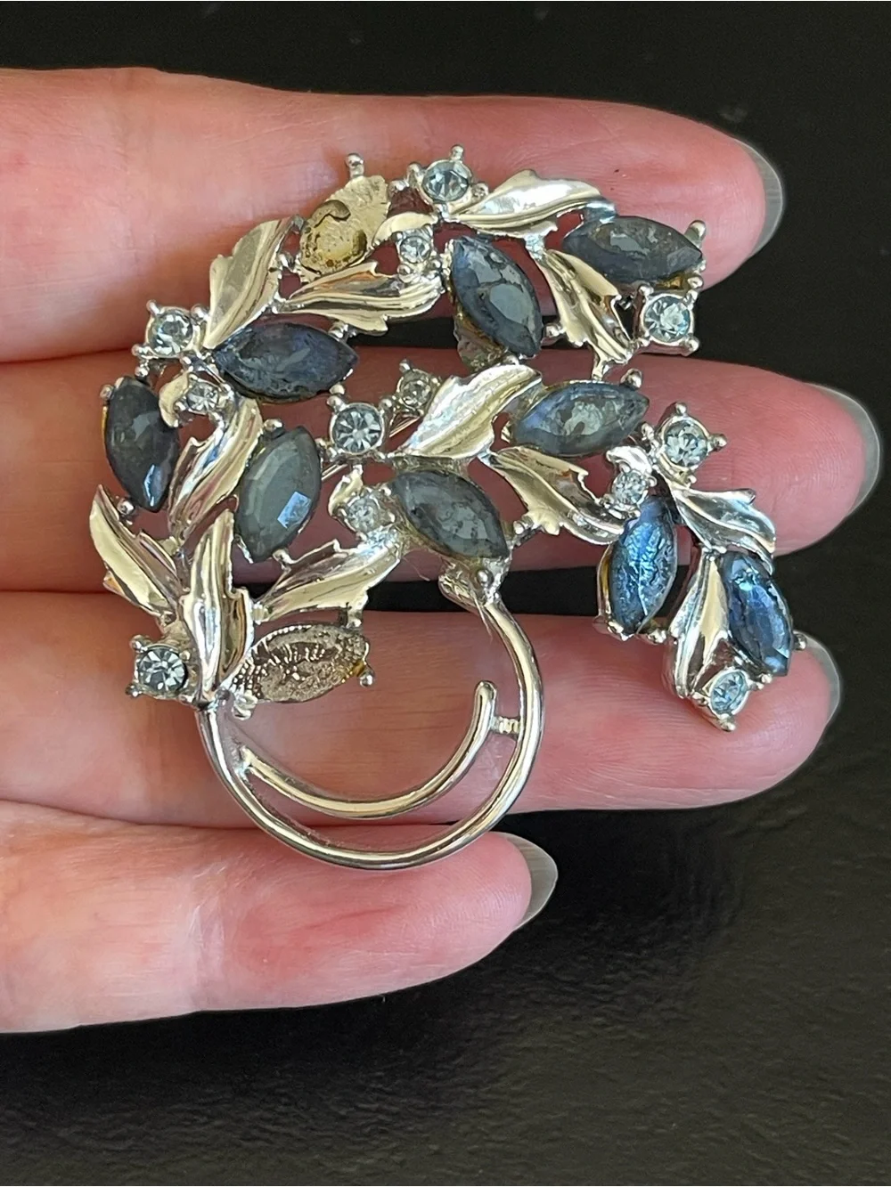 Vintage Sarah COV Silver-Tone Blue rhinestone Leaf Brooch and Clip-On Earrings
